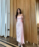 Light Pink Off Shoulder Sheath Satin Long Party Dress Bridesmaid Dress, HZ0319
