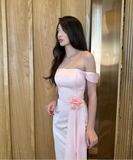 Light Pink Off Shoulder Sheath Satin Long Party Dress Bridesmaid Dress, HZ0319