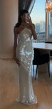 Sexy White Halter Mermaid Sequins Long Prom Dress Evening Gown, HZ0319