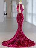 Elegant Fuchsia Halter Sequins Mermaid Long Evening Party Dress HZ0319