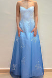 Blue Ombre Strapless A-Line Beading Satin Long Prom Dress Vintage Party Dress, HZ0319