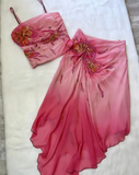 Pink Ombre Straps Two Pieces Sheath Chiffon Long Party Dress Beach Dress, HZ0319