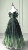 Elegant Green Straps Off Shoulder A-Line Tulle Long Formal Prom Dress, HZ0319