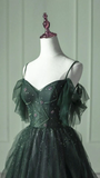 Elegant Green Straps Off Shoulder A-Line Tulle Long Formal Prom Dress, HZ0319
