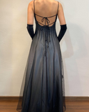 Black Spaghetti Straps A-Line Beading Long Prom Dress Vintage Party Dress, HZ0319