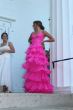 Hot Pink Straps A-Line Chiffon Layers Long Party Dress Formal Prom Dress, HZ0319