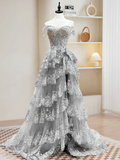 Dark Navy Off Shoulder A-Line Lace Tiered Long Party Dress Formal Prom Dress, HZ0319