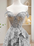 Dark Navy Off Shoulder A-Line Lace Tiered Long Party Dress Formal Prom Dress, HZ0319