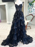 Dark Navy Off Shoulder A-Line Lace Tiered Long Party Dress Formal Prom Dress, HZ0319