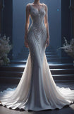 Goegeous White Straps Beading Mermaid Brodal Dress Long Evening Party Dress, HZ0319