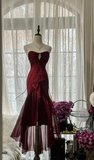 Elegant Burgundy Strapless Mermaid Long Prom Dress Vintage Party Dress, HZ0319