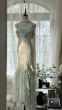 Gorgeous Straps Beading Ruffles Mermaid Long Prom Dress Vintage Party Dress, HZ0319
