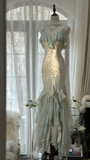 Gorgeous Straps Beading Ruffles Mermaid Long Prom Dress Vintage Party Dress, HZ0319