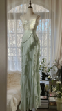 Light Sage Straps Beading Ruffles Long Evening Gown Vintage Party Dress, HZ0319