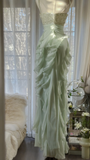 Light Sage Straps Beading Ruffles Long Evening Gown Vintage Party Dress, HZ0319
