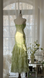 Green Straps Mermaid Tiered Beaing Vintage Long Party Dress Evening Gown, HZ0319