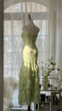 Green Straps Mermaid Tiered Beaing Vintage Long Party Dress Evening Gown, HZ0319