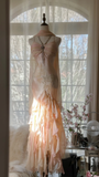 Light Pink Straps Mermaid Tiered Beaing Vintage Long Party Dress Evening Gown, HZ0319