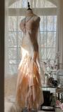 Light Pink Straps Mermaid Tiered Beaing Vintage Long Party Dress Evening Gown, HZ0319