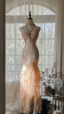 Light Pink Straps Mermaid Tiered Beaing Vintage Long Party Dress Evening Gown, HZ0319
