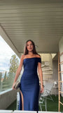 Dark Navy One Shoulder Mermaid Satin Long Party Dress Evening Gown, HZ0319