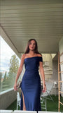 Dark Navy One Shoulder Mermaid Satin Long Party Dress Evening Gown, HZ0319