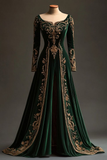 Dark Green Long Sleeves A-Line Velvet Appliques Long Formal Evening Dresses, HZ0319