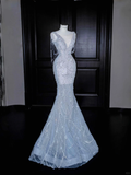 Light Blue Sleeveless Mermaid Beading Long Evening Dress Birthday Outfits, HZ0319