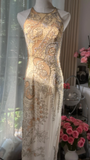 Retro Golden Sparkling Beaded Halter Dress Elegant Chiffon Evening Dress Prom Dresses HZ0319