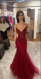 Pretty Burgundy Straps Mermaid Beaded Long Formal Prom Dress Evening Gown, HZ0319