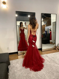 Pretty Burgundy Straps Mermaid Beaded Long Formal Prom Dress Evening Gown, HZ0319