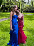 Pretty Burgundy Straps Mermaid Beaded Long Formal Prom Dress Evening Gown, HZ0319
