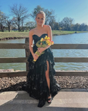 Dark Navy Sweetheart A-Line Lace Tiered Long Party Dress Senior Prom Dress, HZ0319