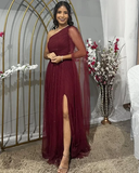 Black One Shoulder A-Line Tulle Long Formal Prom Dress HZ0319