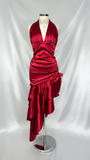 Vintage Wine Red Halter Satin Long Evening Party Dress Birthday Outfits, HZ0319