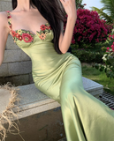 Vintage Green Floral Mermaid Spaghetti Strap Design Satin Prom Dress Evening Dress HZ0319