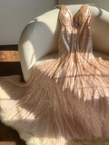 Vintage Champagne Sparkling Sequin Design Romantic Chiffon Evening Dress Prom Dress HZ0319