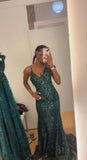Green V Neck Straps Lace Mermaid Long Formal Prom Dress, HZ0319