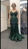 Green V Neck Straps Lace Mermaid Long Formal Prom Dress, HZ0319