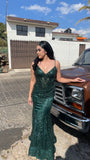 Green V Neck Straps Lace Mermaid Long Formal Prom Dress, HZ0319