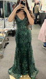 Green V Neck Straps Lace Mermaid Long Formal Prom Dress, HZ0319