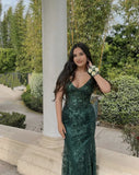 Green V Neck Straps Lace Mermaid Long Formal Prom Dress, HZ0319