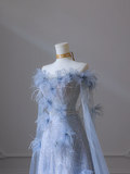 Elegant Blue Off Shoulder A-Line Floral Long Formal Prom Dress Birthday Outfits, HZ0319