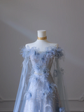 Elegant Blue Off Shoulder A-Line Floral Long Formal Prom Dress Birthday Outfits, HZ0319