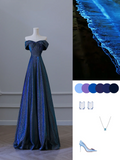 Elegant Navy Blue Off Shoulder A-Line Long Formal Prom Dress Birthday Outfits, HZ0319