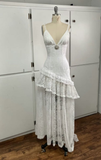 White V Neck Straps A-Line Lace Long Party Dresses Vintage Wedding Dresses, HZ0319