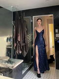 Navy Blue Straps Sequins Sheath Long Formal Party Dress with Split HZ0319