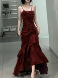 Burgundy Straps Sheath Satin Long Party Dress Birthday Outfit, HZ0319