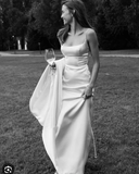 White Spaghetti Straps Satin Long Party Dress Light Wedding Dress HZ0319