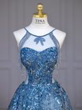 Blue Halter A-Line Tulle Sequins Long Party Dress Birthday Outfits HZ0319